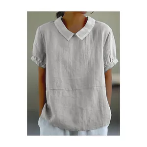 Camicetta in lino grigio da donna con elegante colletto Peter Pan bianco a contrasto