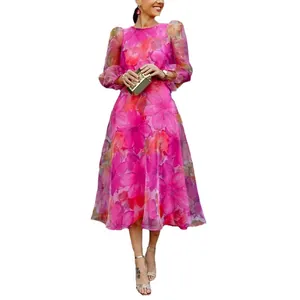 Elegant pink floral mesh midi dress with puff long sleeves for sophisticated summer fashion