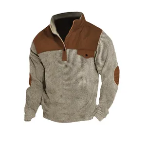 Men's waffle knit stand collar sweatshirt with contrast shoulder and elbow patches