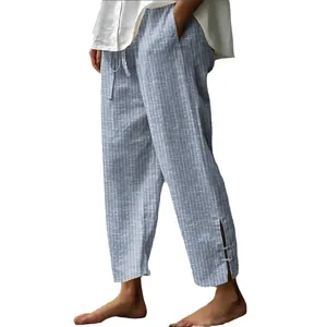 Casual men's summer striped trousers with drawstring waist and unique ankle side slits