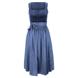 Detailed front view of elegant blue vintage Oktoberfest Dirndl dress with ribbon