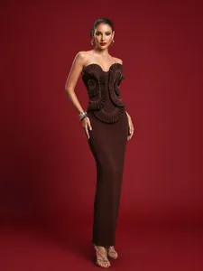 Women Sexy Strapless Bandage Maxi Dress Elegant Ruffle Hand Beaded Bodycon Long Dress Party Evening Gown Top And Bottom