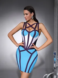 Robe Bandage Sexy pour Femmes avec Col Halter Dos Nu Moulante Mini Robe pour Fête Clubwear Haute Élasticité Tenue sans Manches