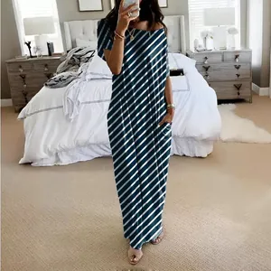 Elegant casual short-sleeved maxi dress featuring stylish blue and white diagonal stripes