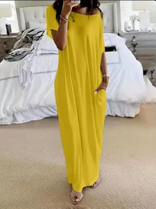 Full-length casual short sleeve maxi dress in solid yellow with convenient pockets
