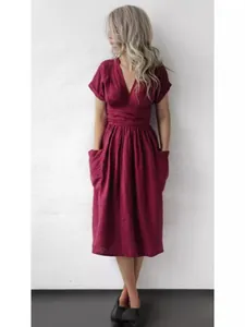 Elegant wine red cotton linen midi dress with V-neck and pockets for summer