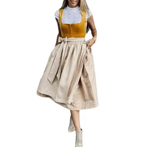 Vintage German Oktoberfest Dirndl dress set featuring a yellow bodice and lace blouse.