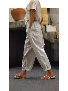 Lässige Damen-Cropped-Hose aus Baumwoll-Leinen in Beigetönen