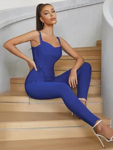 Elegant royal blue bandage V-neck jumpsuit with spaghetti straps for chic women fashion