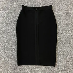 High-quality detailed view of a black high-waist bandage pencil skirt with a back zipper