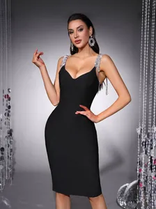 Elegant black bandage midi dress featuring sparkly rhinestone fringe chain shoulder straps