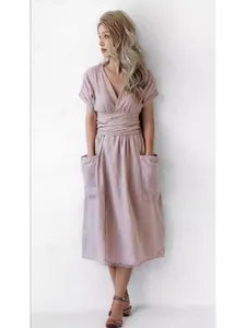 Elegant mauve cotton linen casual midi dress with a flattering V-neckline