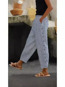 Women Casual Cotton Linen Striped Pants High Waist Loose Trousers With Side Buttons Vintage Wide Leg Trousers For Daily Comfort