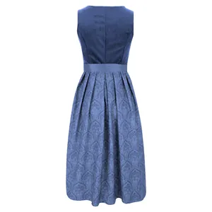 Back view of a blue vintage Oktoberfest Dirndl dress with embossed floral patterns