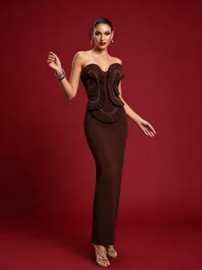 Elegant brown strapless bandage maxi dress with ruffled bodice and beadwork detail