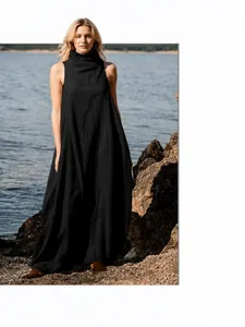 Αμάνικο μαύρο βαμβακερό μάξι φόρεμα με ψηλή λαιμόκοψη για γυναικεία casual