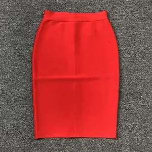 Detailed view of red bandage bodycon pencil skirt with textured stretch fabric