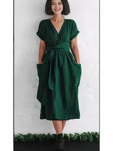 Elegant casual dark green cotton linen V-neck midi dress with waist tie and large pockets