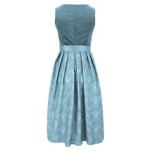 Elegant blue Oktoberfest Dirndl dress back view with intricate patterns and pleated skirt.