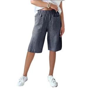 Women's vintage striped loose casual knee-length shorts with elastic waist and pockets