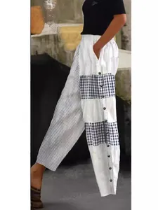 Stylish women's patchwork casual pants with stripes, plaid patterns, and decorative buttons.