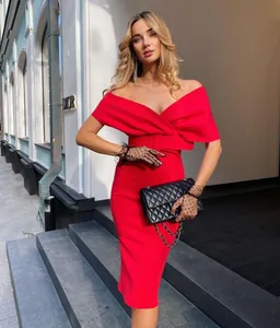 Elegant red off-the-shoulder space cotton midi dress featuring a belt and bodycon fit