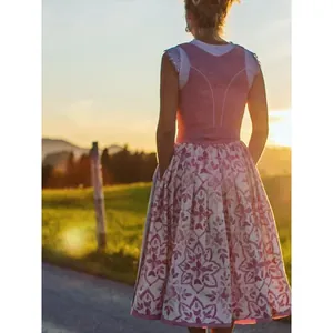 Vista posteriore di un tradizionale abito Dirndl rosa in un prato durante il tramonto.