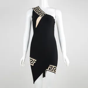 One-shoulder black bandage dress featuring tan Greek key pattern on strap and hem.