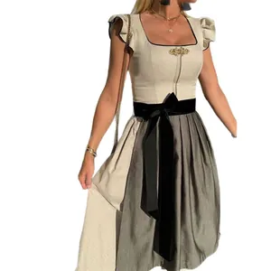 Traditional German Oktoberfest Dirndl dress with beige bodice and grey striped skirt