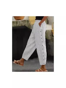 Women's stylish autumn casual striped wide-leg pants featuring decorative side buttons