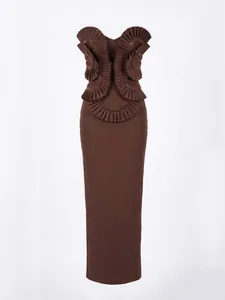 Elegant brown strapless bandage maxi dress with symmetrical ruffled and beaded details