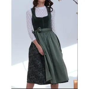 Women Traditional German Bavarian Dirndl Dress Top And Bottom Set Dark Green Polyester Oktoberfest Retro Party Costume