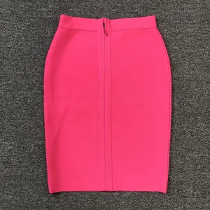 Elegant hot pink high-waisted bandage pencil skirt featuring a vertical front zipper