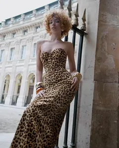 Elegant leopard print tube maxi dress with bodycon fit and vintage street style vibes