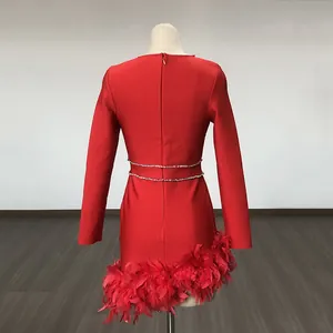 Elegant back view of a red bandage mini dress with feather trim and rhinestone belt