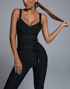 Elegant black V-neck bandage jumpsuit for women with slim fit pencil leg design