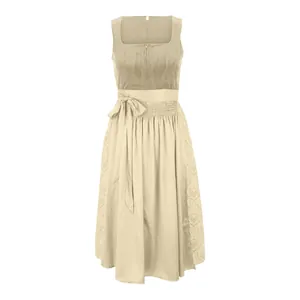 Elegant beige vintage Oktoberfest dirndl dress featuring lace details and bow waist