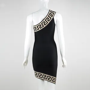 Elegant black one-shoulder bandage party dress featuring chic Greek key pattern detail