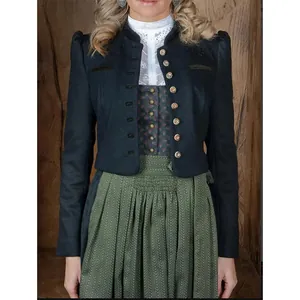 Women Oktoberfest Jacket Traditional Dirndl Trachtenjanker Bavarian Dirndl Coat Little Fragrance Style Stand Collar Puff Sleeve Top