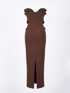 Rear view of elegant brown tube top bandage maxi dress with symmetrical ruffles and back hem slit