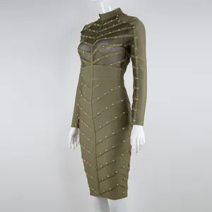 Elegant olive green long sleeve bandage dress with gold stud details and mesh inserts