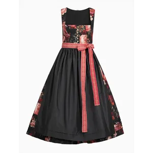 Robe Dirndl bavaroise élégante avec corsage floral et tablier rouge pour l'Oktoberfest.