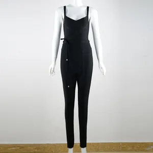 Sleek black bandage bodycon jumpsuit featuring spaghetti straps and a deep V-neckline