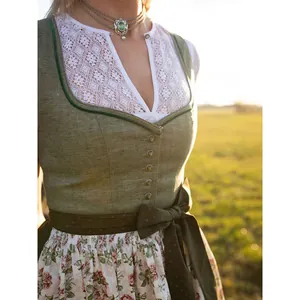 Set Vestito Dirndl Vintage Tedesco Oktoberfest per Donna Costume Tradizionale Bavarese Con Camicetta In Pizzo Grembiule Floreale Verde Scuro Top And Bottom
