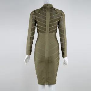 Detailed back view of olive green bandage dress featuring mesh panels and gold studs