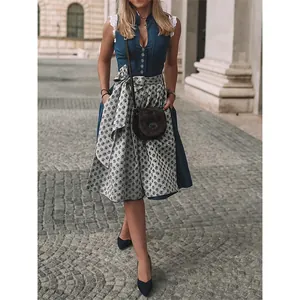 Women Traditional German Oktoberfest Dirndl Dress Bavarian Ethnic Style Floral Lace Patchwork Top And Bottom Party Costume