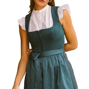 Elegante abito Dirndl verde petrolio per Oktoberfest con camicia bianca a volant