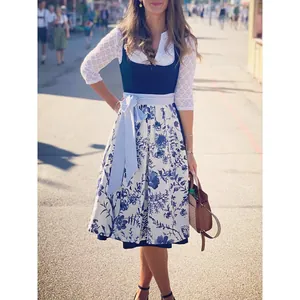 Damen Traditionelles Oktoberfest Dirndl Kleid Set Baumwolle Leinen Spitze Spleiß Blumendruck Top Und Bottom Bayerisches Kostüm