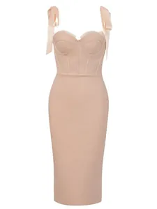 Elegante abito longuette a corsetto in pizzo nude con spalline a fiocco regolabili