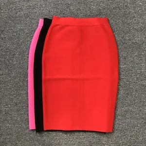 High-waist elastic bandage pencil skirts available in red, black, and vibrant pink colors